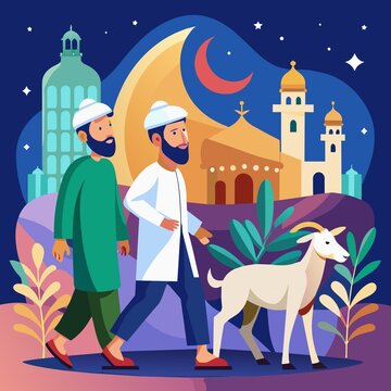 a muslim man celebrating eid al adha with a goat