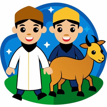 a muslim man celebrating eid al adha with a goat