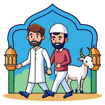 a muslim man celebrating eid al adha with a goat
