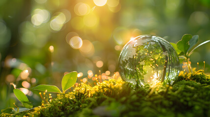 Wall Mural - Environment. Glass Globe On Grass Moss In Forest - Green Planet With Abstract Defocused Bokeh Lights - Environmental Conservation Concept 