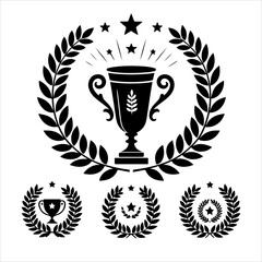 Winner laurel wreath victory icon set. Circular foliate laurels branches. Laurel wreath silhouette. Trophy crest. Greek olive branch award, winner round emblem