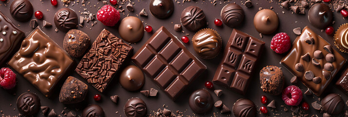 Various types and shapes of chocolate in a wallpaper background, suitable for confectionery stores or as a delicious background.