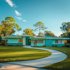 Turquoise mid-century modern house with clean lines and a circular driveway, in a serene suburban environment.