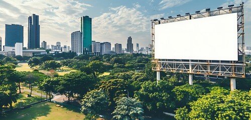 Wall Mural - Wide blank billboard on a corporate headquarters building, with a city park view.