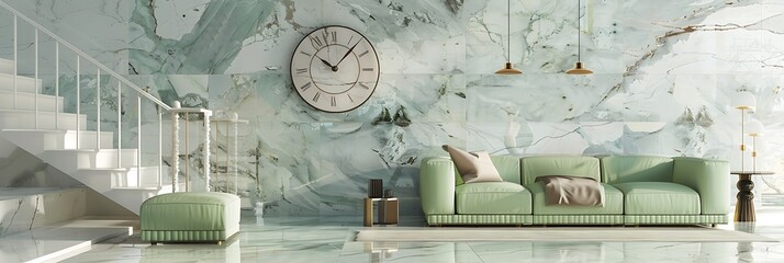 Wall Mural - Modern living room with a light pistachio green sofa, an oversized marble clock as a wall feature, and a high-gloss marble floor. The staircase has a minimalist design with white railings.