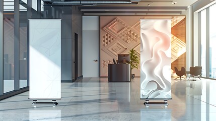 Wall Mural - Twin blank roll-up standee banners placed near a decorative feature wall in an office hall.