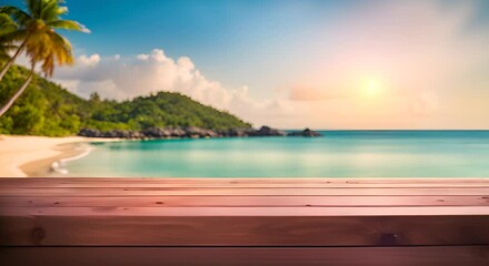 Wall Mural - Empty wooden table on tropical beach background