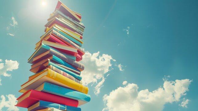 book stack with rainbow in the sky