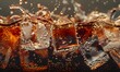 © simba kim - Cola soda and ice splashing fizzing or floating up to top of surface, Generative AI