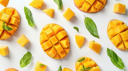 Wall Mural - Cubes and slices of mango on a white background