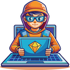 Hacker Operating A Laptop Cartoon Vector Illustration On White background.