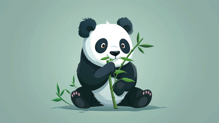 Wall Mural - Cute Panda clipart eating bamboo on isolate green color background