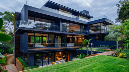 Sticker - Modern luxury suburban house with deep navy walls and expansive glass balconies, highlighted by a contemporary garden with wooden elements.