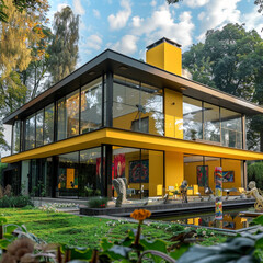 Sticker - Modern luxury suburban house with mustard yellow walls and large glass panes, surrounded by a garden with a modern art installation.