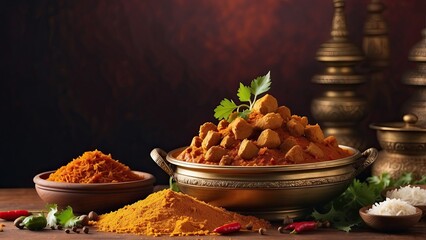 Wall Mural - A classic curry is enhanced by the strong flavor of aromatic Indian spices in this food commercial. The advertisement features a solid background and copy space in the center for advertising.