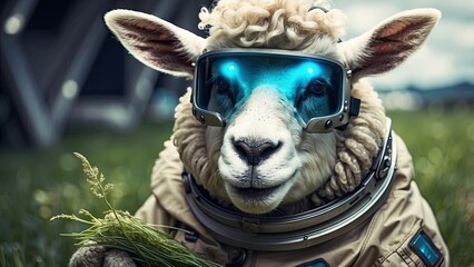 futuristic and endearing idea close-up of a sheep wearing a spacesuit, eating holographic grass on a farm in the future, holding a hologram.