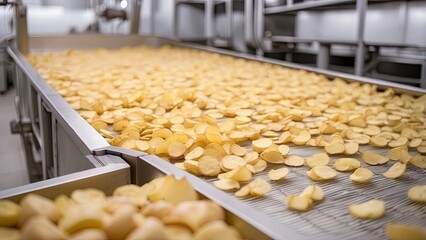 Wall Mural - Conveyor line for frying potato chips production at modern food factory