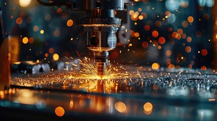 Poster - CNC milling machine in action on a steel part Metal cutting process