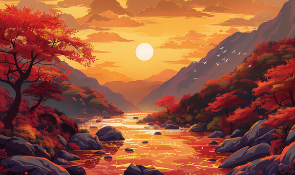 Vector illustration of a river flowing through mountains at sunset