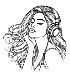 Wall Mural - Line art woman with long hair wearing headphone 