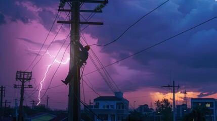 Electrician worker climbing electric power pole to repair cable line problems after the storm