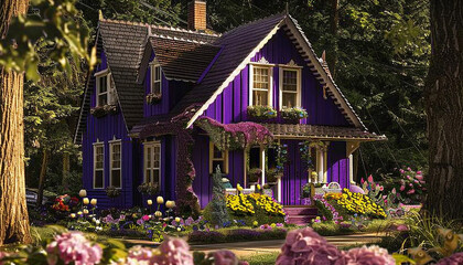 Wall Mural - Orchid purple cottage with whimsical details and a storybook garden, in a magical suburban environment.