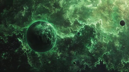 Green galaxy planets, cosmos art background