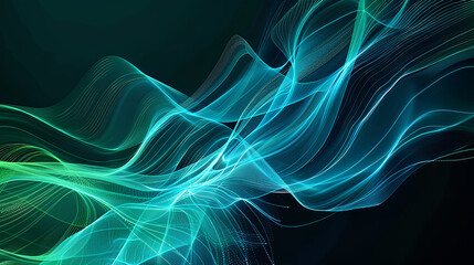 Poster - Vector abstract light lines wavy flowing dynamic in blue green colors isolated on black background for concept of AI technology, digital, communication, 5G, science, music