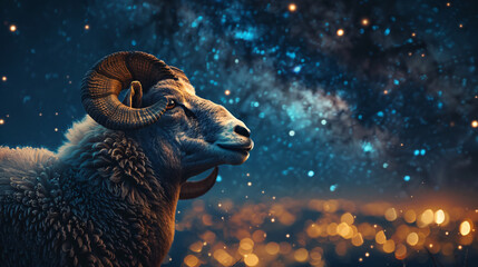 Wall Mural - A ram in front of a night city and starry sky, depicting the religious Islamic feast of sacrifice Eid al-Adha.