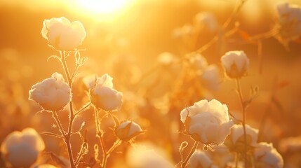 Cotton field background ready for harvest under a golden sunset, macro close-ups of plants, vertical tall.