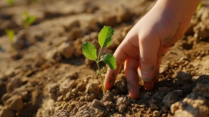 Canvas Print - Seedlings deteriorate in arid conditions while the youth s hand encounters a shift in climate