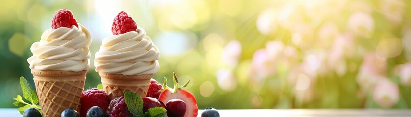 Two ice cream cones with strawberries on top, surrounded by berries and a blurry green background.