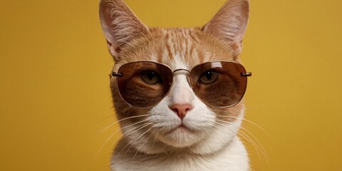 Cat with Sunglasses on a Solid Background, Featuring Ample Copy Space
