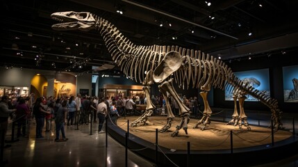 Photograph of a Diplodocus skeleton stretching across the length of a museum exhibit, dwarfing the surrounding artifacts