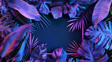 Wall Mural - abstract background with neon blue and purple glowing tropical leaves and plants in a square frame