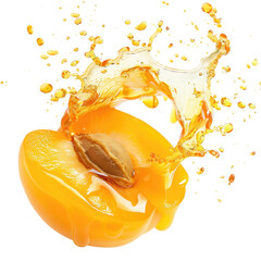 A sweet apricot with splashes of apricot juice, isolated on transparent background