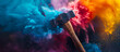 © Vita - Sledgehammer in a colorful cloud of construction dust. Powerful remodeling tool for Father’s Day. Red, blue, purple explosion hammer banner, wallpaper