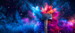 © Vita - Sledgehammer in a colorful cloud of construction dust. Powerful remodeling tool for Father’s Day. Red, blue, purple explosion hammer banner, wallpaper
