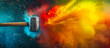 © Vita - Sledgehammer in a colorful cloud of construction dust. Powerful remodeling tool for Father’s Day. Red, blue, purple explosion hammer banner, wallpaper