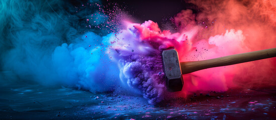 Wall Mural - Sledgehammer in a colorful cloud of construction dust. Powerful remodeling tool for Father’s Day. Red, blue, purple explosion hammer banner, wallpaper 