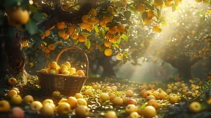 Wall Mural - harvesting in the apple orchard. a basket with large yellow apples. fruit picking season.