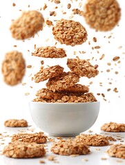 Wall Mural - oatmeal cookies flying on white background. cookies falling in the air.