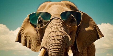 Elephant with Sunglasses on a Solid Background, Featuring Ample Copy Space
