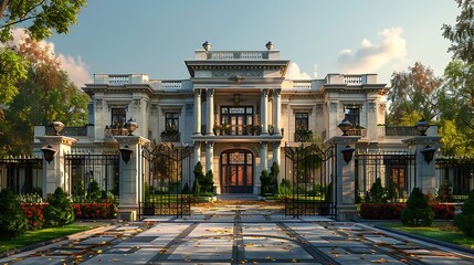 An opulent mansion with classical architecture is surrounded by a manicured garden and an elegant iron gate under a clear sky.