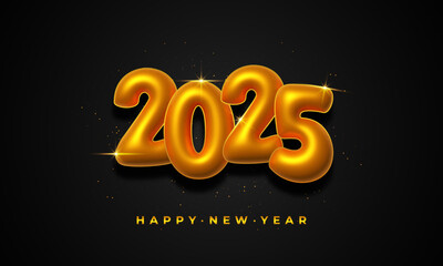 new year celebration 2025 with ballons style number in golden shiny color on a dark background