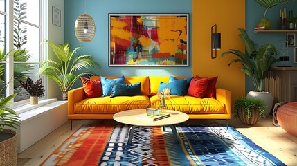 Wall Mural - A vibrant living room with a colorful sofa, modern decor, and a bright wall painting creates a cozy yet lively space for relaxation. 