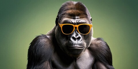 Chimpanzee with Sunglasses on a Solid Background, Featuring Ample Copy Space
