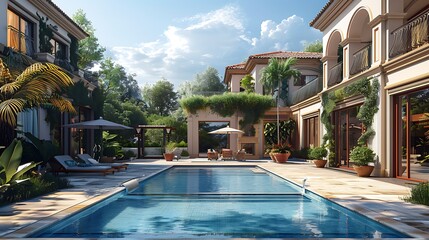 Wall Mural - Luxurious backyard with a large swimming pool and elegant houses under a clear sky with lush greenery. 