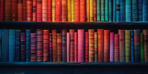 Wall Mural - a bookshelf lined with books, books with colorful bindings on bookshelves in modern style. library wall with bright rainbow books with cozy backlight