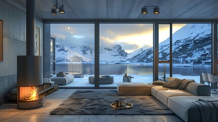 Wall Mural - A modern living room with cozy fireplace overlooking a serene winter landscape through large panoramic windows. 
